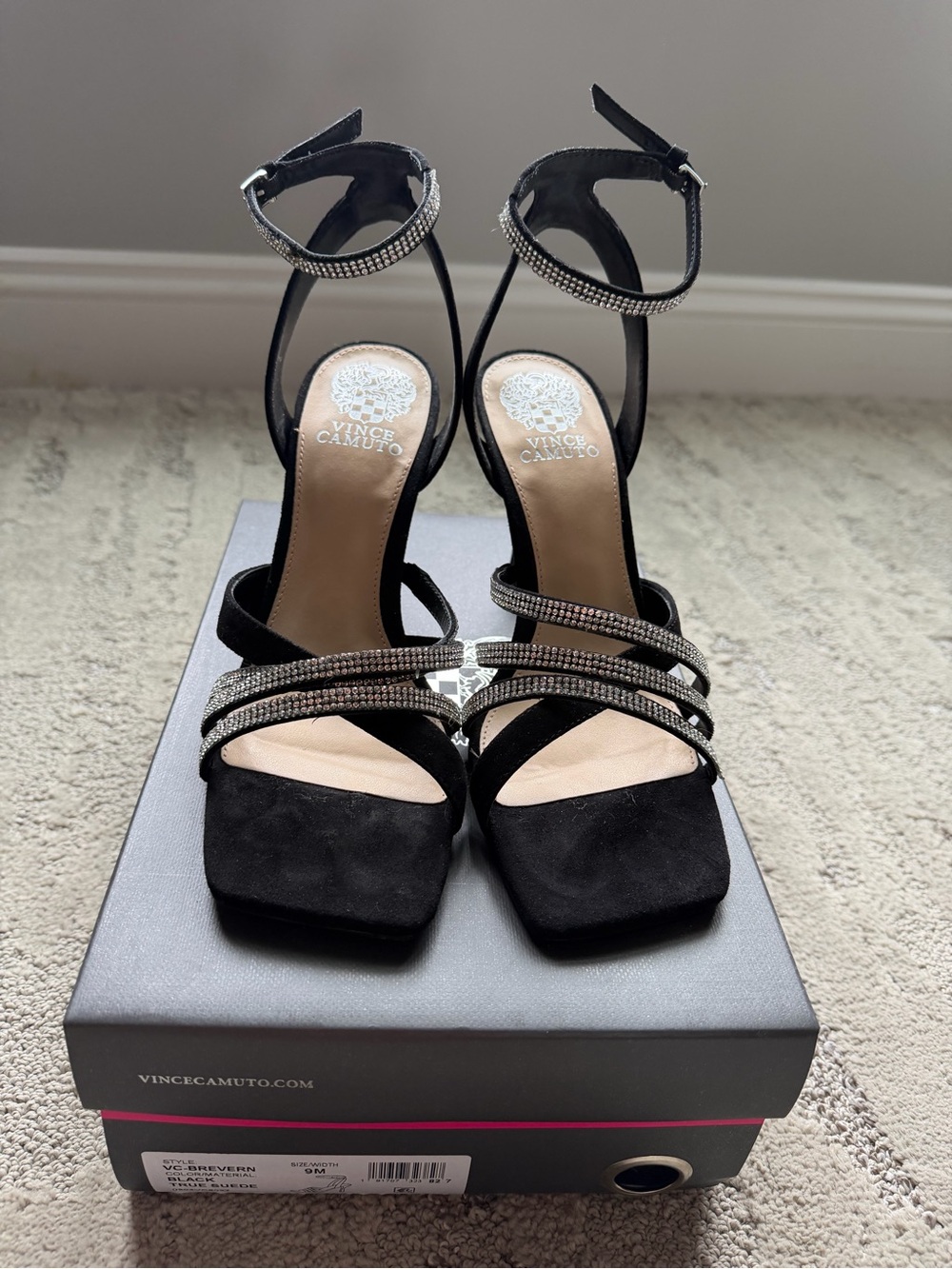 Vince Camuto Brevern Black Suede Rhinestone Strappy Heels Size 9